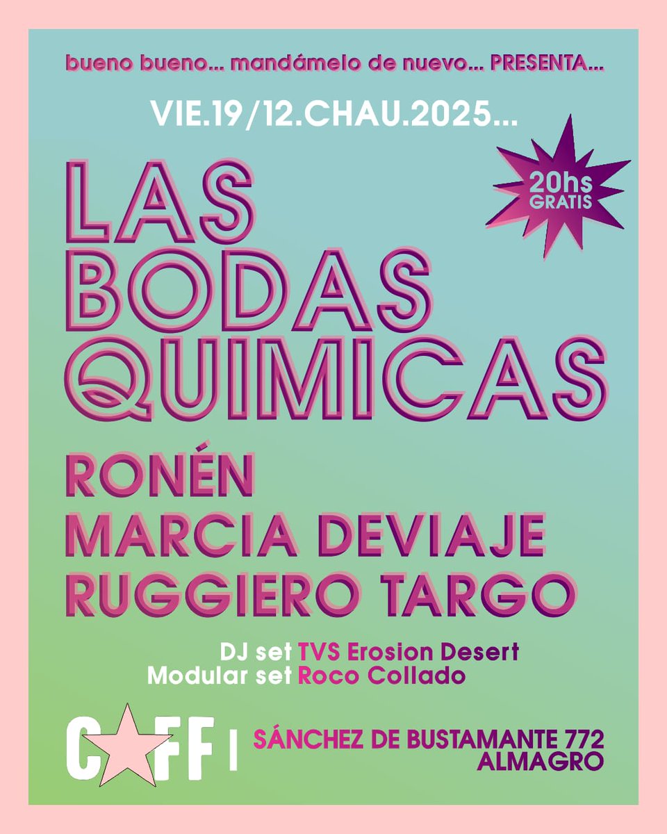 LBQ despide el año !!!
 19 Dic. ,<a href="/CAFFierro/">CAFF</a> 
GRATIS.
🎸 Roben
🎶 Marcia de viaje
⚡ Ruggiero Targo
20hs
S.Bustamante 772 almagro