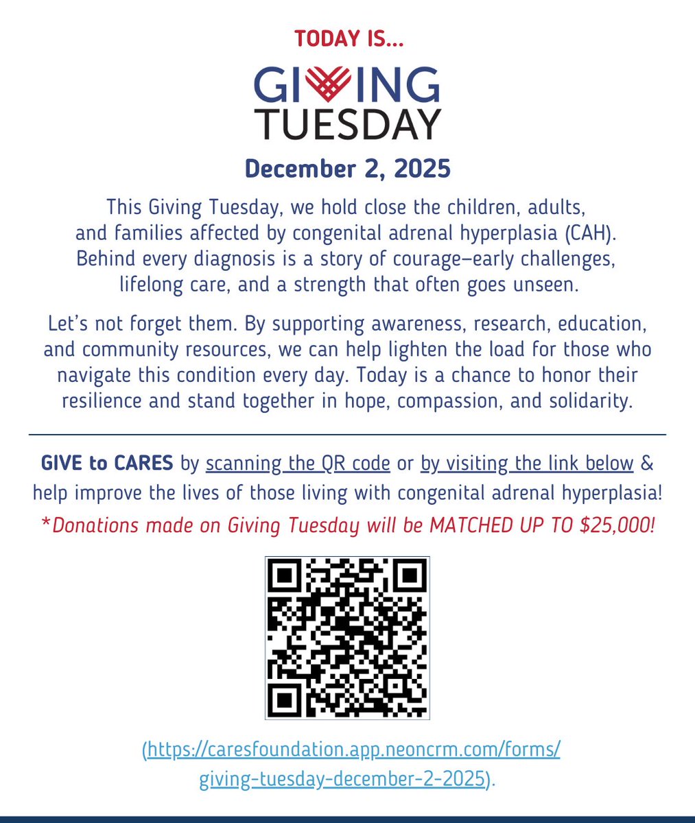 caresfoundation's tweet photo. Today is Giving Tuesday! Please help us in our mission &amp; make a difference in the lives of those living with CAH. We are so grateful for your support and look forward to accomplishing more in the years ahead!

To make a donation, scan the QR code or visit https://t.co/HvkquptBxK https://t.co/YP19OkoCfN