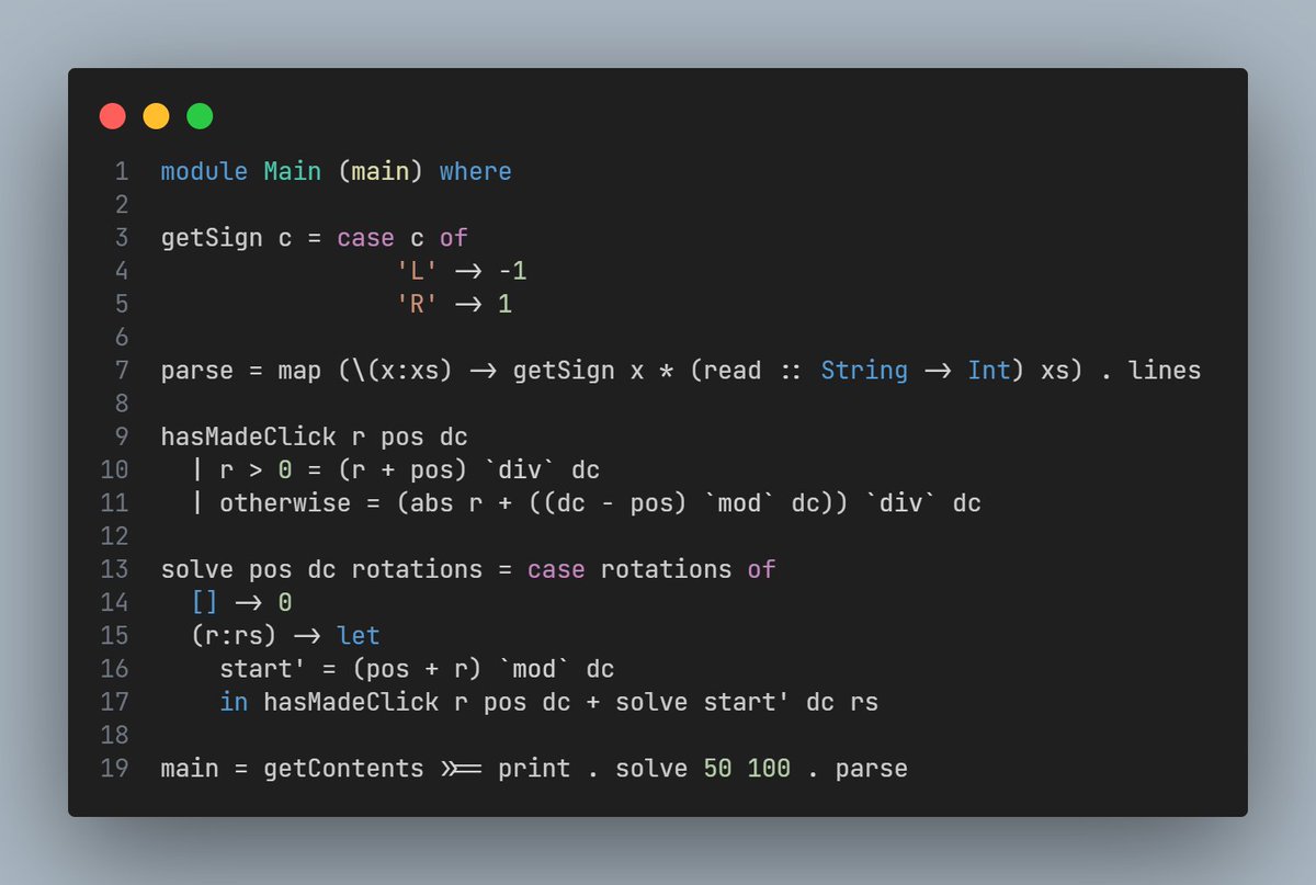 mehdidotcafe's tweet image. Haskell Advent of code Day 1 Completed ✅

Struggled a little bit with the left rotations but we are good!

github.com/mehdidotcafe/a…

#AdventOfCode #Haskell #functionalprogramming