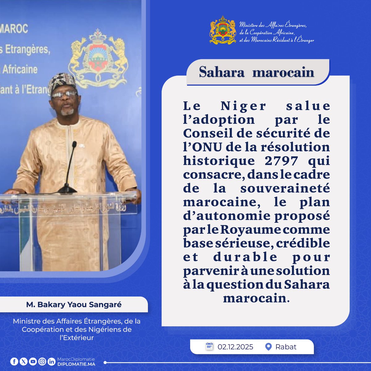 #Sahara_marocain:La République du Niger salue l’adoption de la résolution historique 2797 du Conseil de sécurité qui consacre le plan marocain d’autonomie proposé par le Royaume comme base sérieuse,crédible et durable pour parvenir à une solution à la question du Sahara marocain