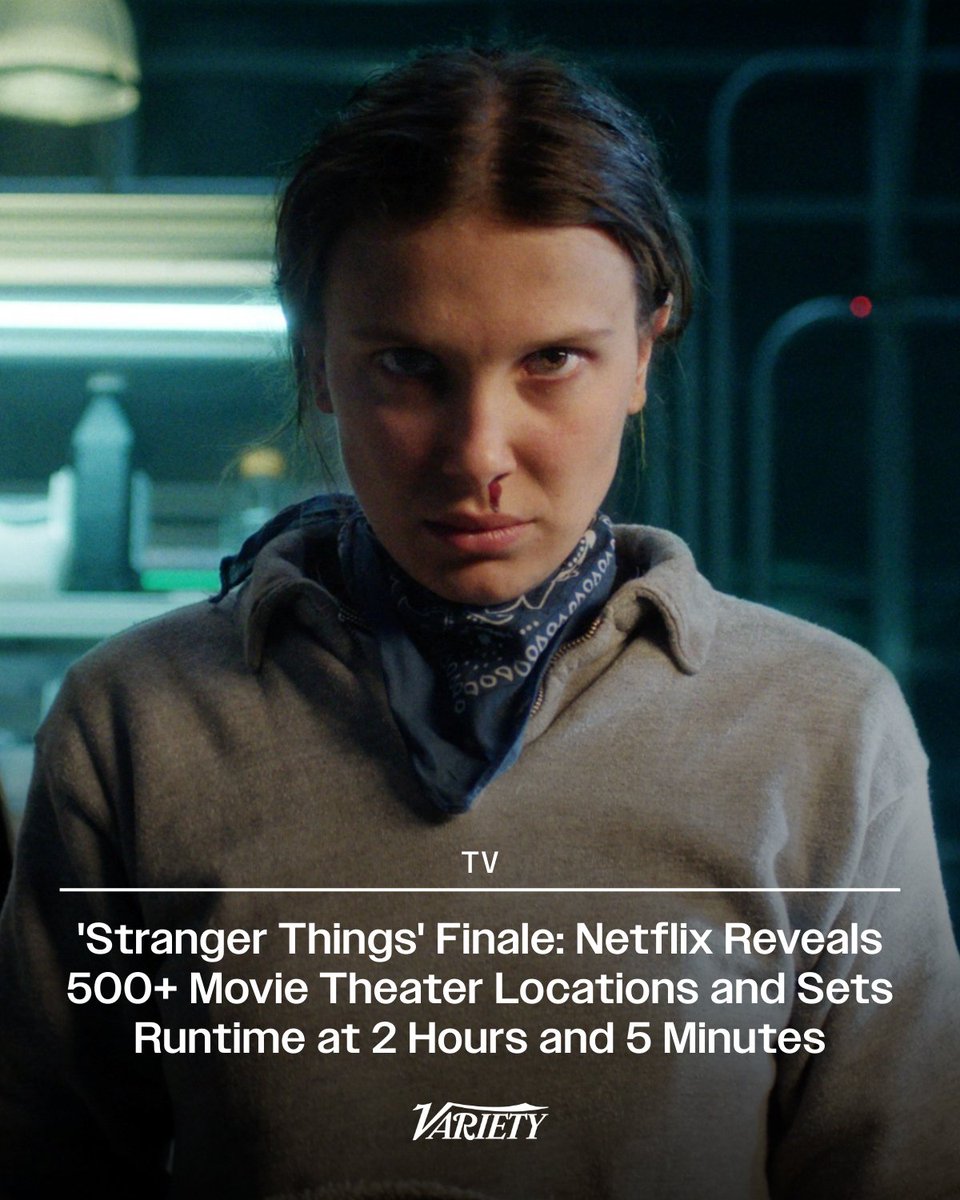 Variety's tweet image. The #StrangerThings series finale will screen in over 500 movie theaters across the U.S. and Canada, Netflix announces. The official runtime is 2 hours and 5 minutes.

Theaters will sell concession vouchers rather than tickets, with exhibitors keeping all revenue from the…