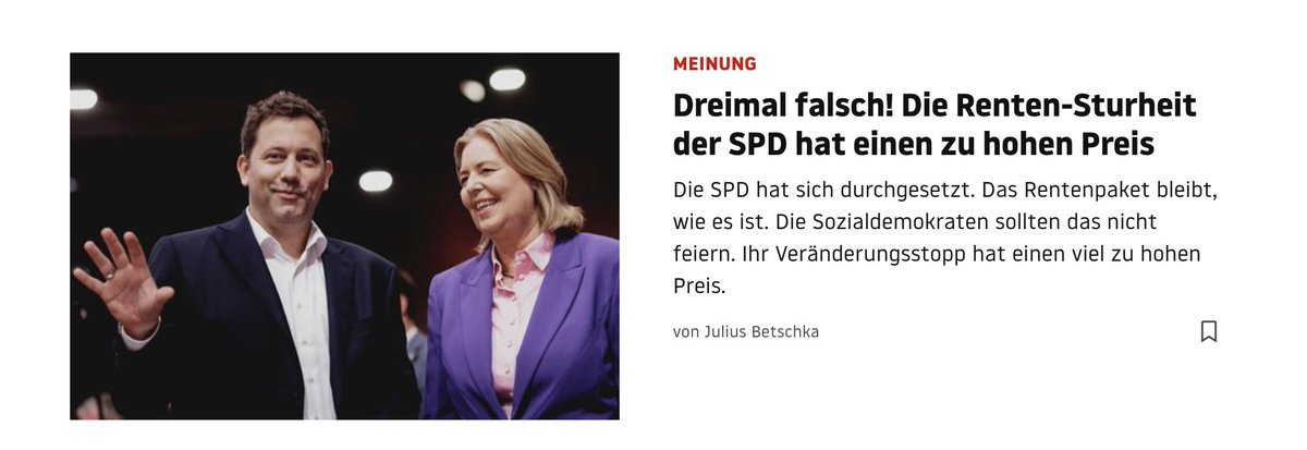 JuliusBetschka's tweet photo. Die Union hat im Prozess um das Rentenpaket viele Fehler gemacht.

Aber in der Sache liegt die SPD falsch mit der Sturheit, jede Änderung am Gesetz abzulehnen.

Gleich drei mal. Das könnte sich bald gegen die Sozialdemokraten drehen. 

Kommentar @sternde: https://t.co/DhgTs8dVc4 https://t.co/vSXDJ9XgPp