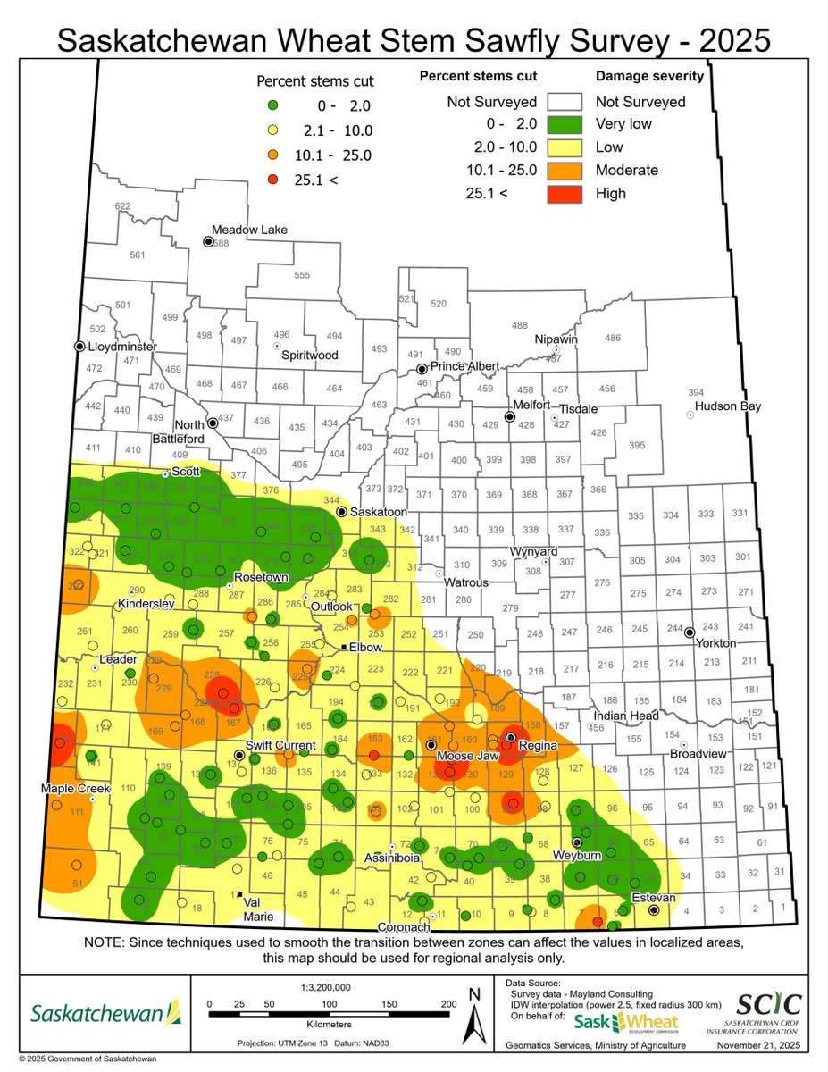 The 2025 Wheat Stem Sawfly Map is out now! 

Although some significant occurrences of cutting were found in the Regina region and Southwest, sawfly cutting was less prevalent overall in 2025 than in 2024. Higher levels of parasitism and dead sawfly larvae were noted.

Read more