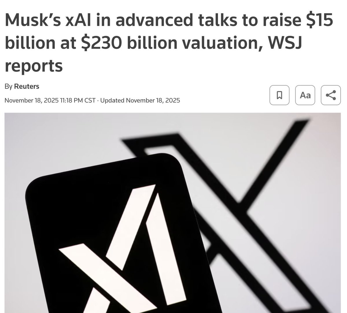 💸 $230 billion.

Elon Musk's xAI is in advanced talks to raise $15 billion at a $230 billion valuation.

Three dynamics worth noting:

🛠️ The infrastructure play is real.

xAI is rapidly scaling its data-center footprint and investing heavily in infrastructure, including its
