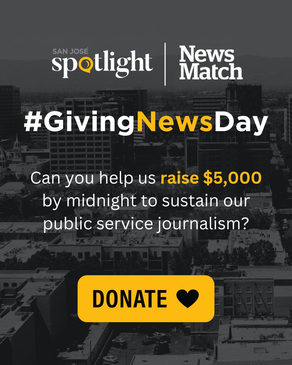 SJSpotlight's tweet photo. At San José Spotlight, we believe nonprofit news is a vital public service. If you agree, we invite you to show us some love today on #GivingNewsDay!

With your help, we hope to reach our goal of $5,000 raised by midnight. 

Can we count on you? https://t.co/C4GYmaYjHb https://t.co/4uaafrw9jc
