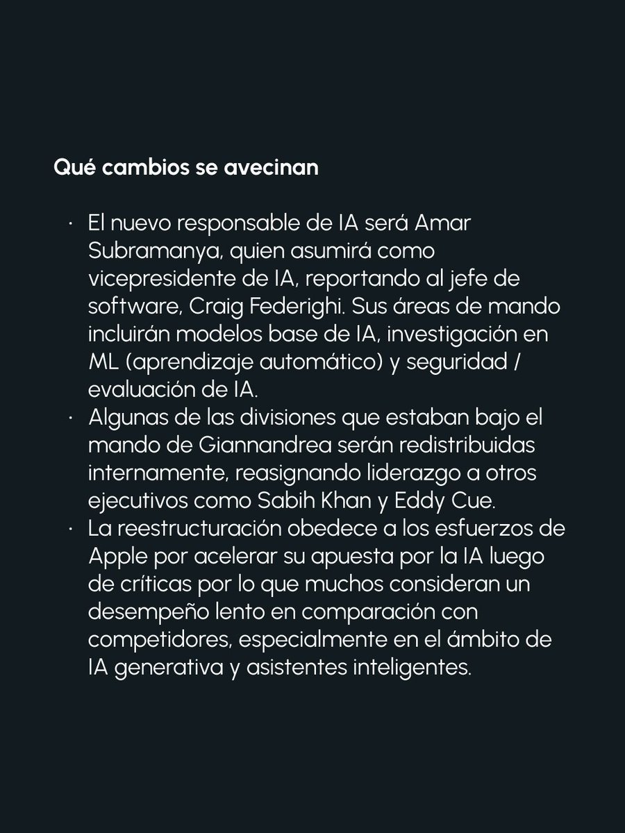 AtlasInvAcademy's tweet photo. En un giro importante dentro de su estrategia tecnológica, Apple anunció que John Giannandrea, vicepresidente sénior de Machine Learning y Estrategia de IA, dejará su cargo. La compañía indicó que Giannandrea permanecerá como asesor hasta su retiro, previsto.

#Apple https://t.co/00pfwH8Nwx