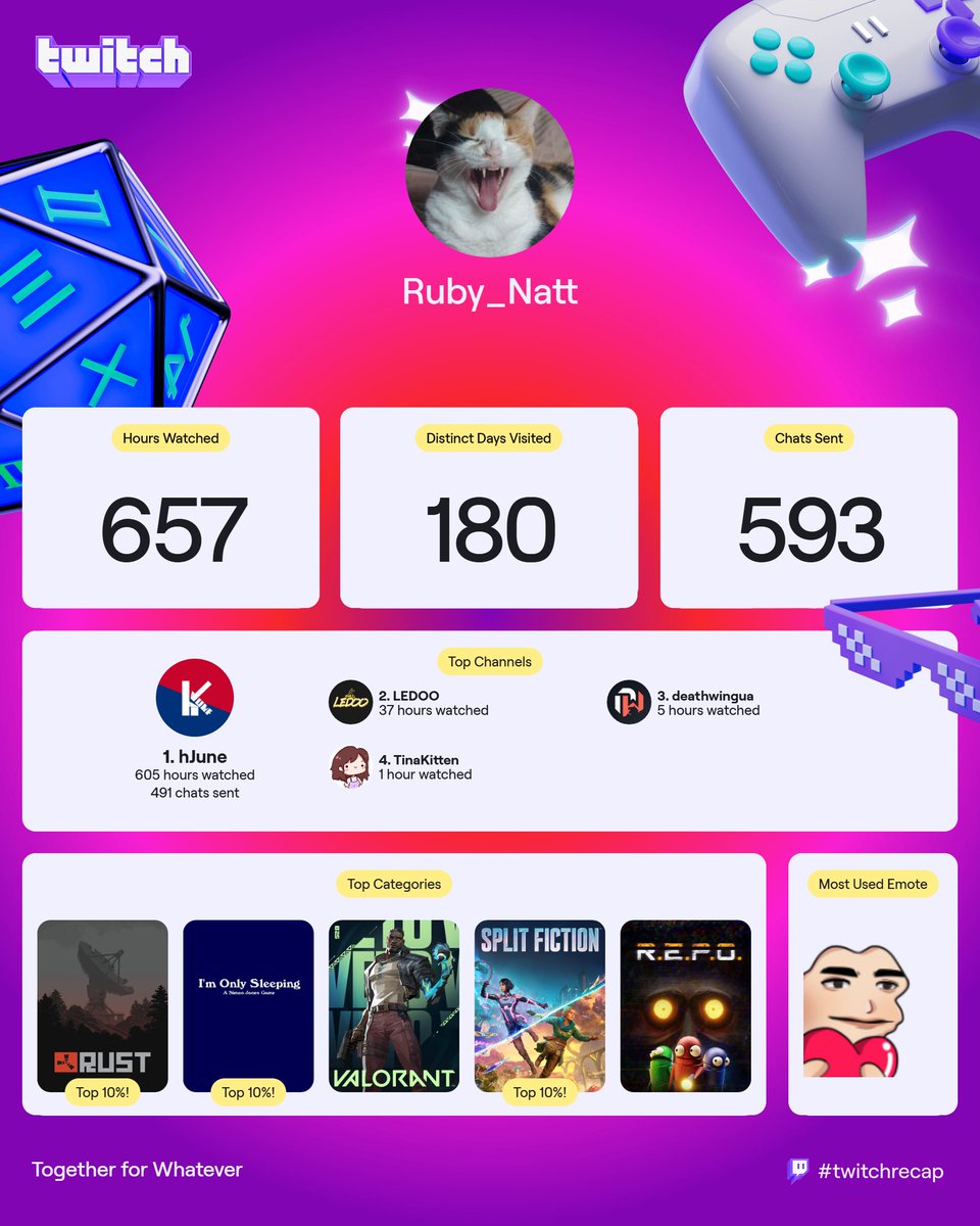 RubyNatt_'s tweet image. I was definitely lacking this year bc of work 😅My bad😔 
 @h7une @L3D00 @deathwingua 💜 
#TwitchRecap