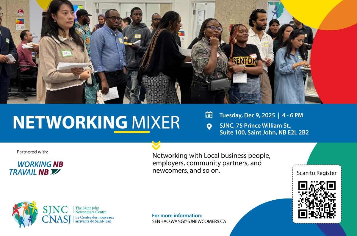 SJNewcomersCntr's tweet image. 🤝 SJNC Networking Mixer! Dec 9, 4–6pm at 75 Prince William St. ✅ Network with business leaders, employers, partners &amp;amp; newcomers. In-person only! Register: bit.ly/NetworkingMixe… Grow your network—see you there! #Networking #SaintJohn #Community