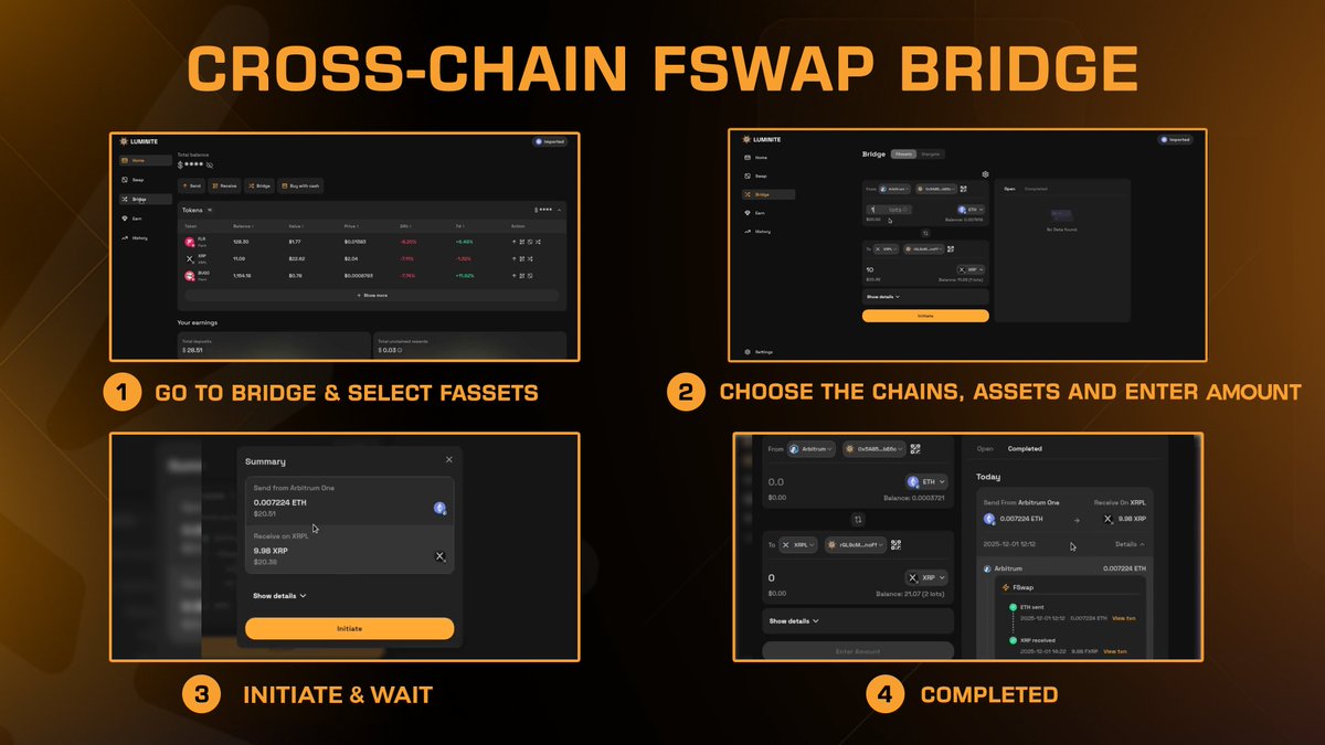 luminite_wallet's tweet image. Let’s walk through how to move assets across chains using FSwap on Luminite:

1️⃣ Go to Bridge &amp;amp; select FAssets
Head to luminite.app/bridge and choose FAssets
2️⃣ Choose the chains &amp;amp; assets
Pick the chain and token you want to start with, then enter the amount you’d like to…