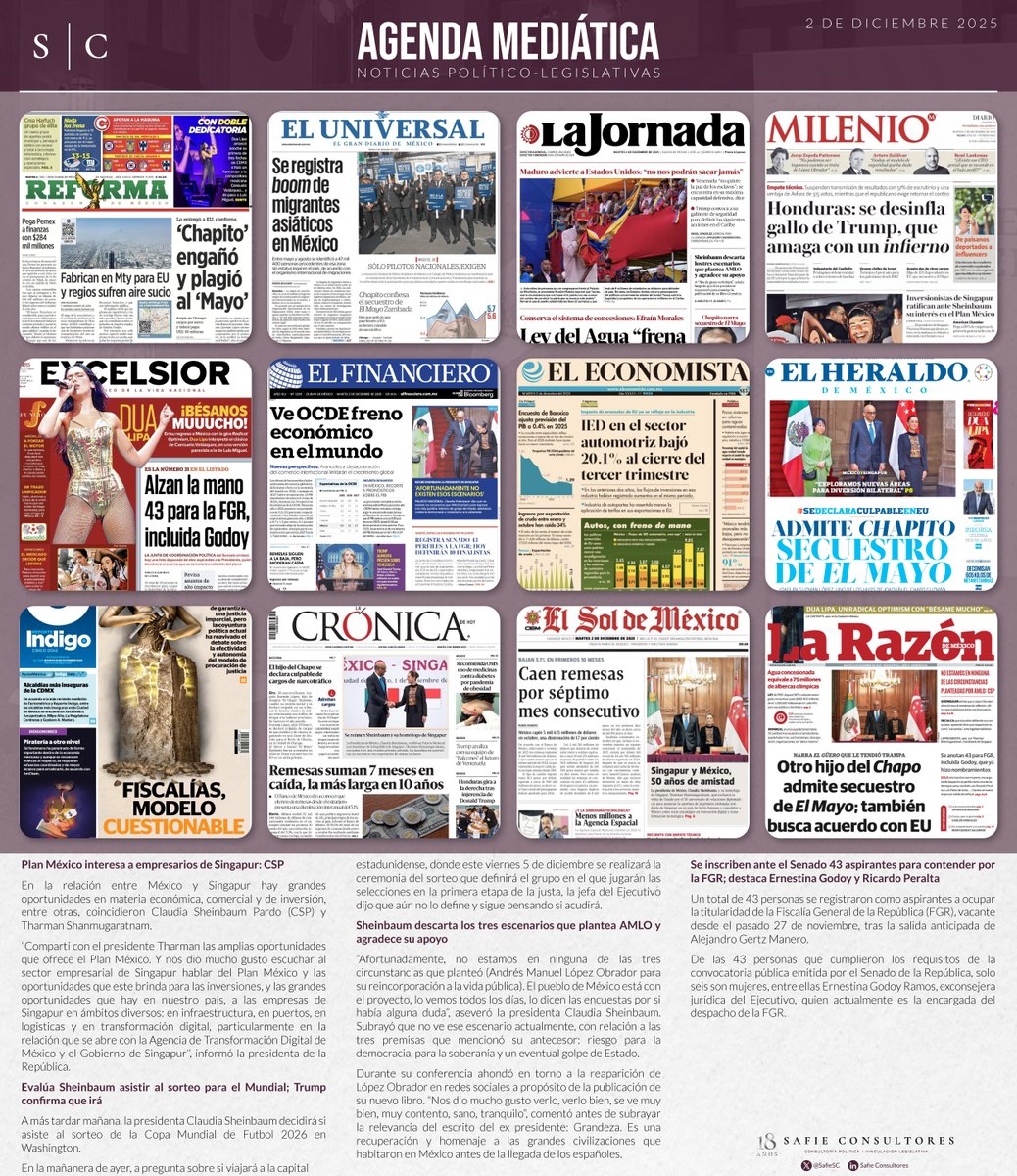 📰#SafieConsultores te presenta el análisis de la agenda mediática de hoy. Descubre las tendencias y temas clave que están marcando la conversación nacional. #PrimerasPlanas #politicanacional

💻 mailchi.mp/safieconsultor…