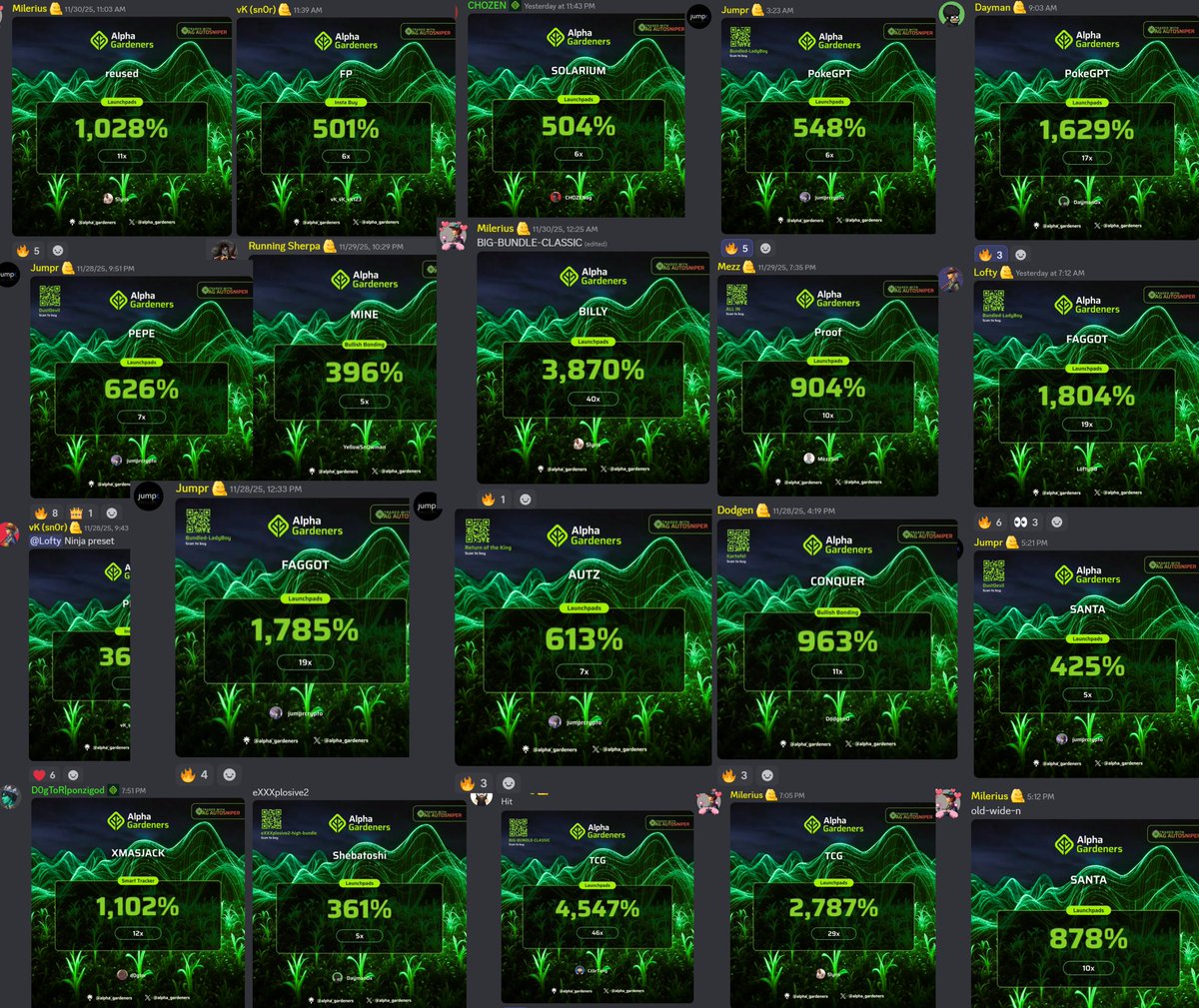 Profits from holders over the last few days using <a href="/agsniperbot/">AG Sniper Bot</a> 🚜

$BILLY $PROOF $SANTA $PEPE $MINE = 💰