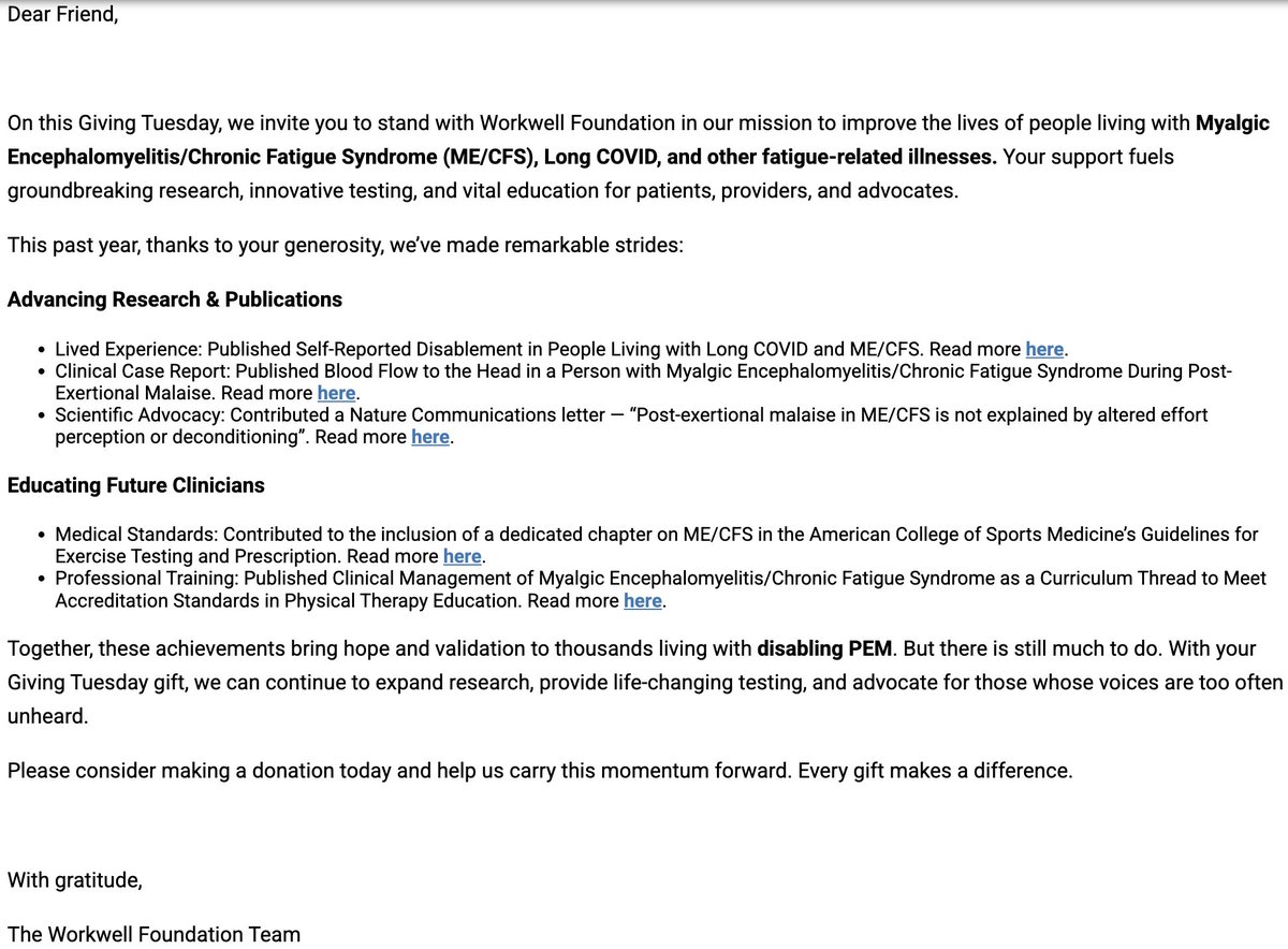 No fancy fundraisers or matches. Just a commitment to solid research to understand #MECFS and its hallmark PEM, and to communicate that science.

On this #GivingTuesday, thank you for considering my friends at <a href="/4Workwell/">Workwell Foundation</a>. 20+ years of patient-led research. givesignup.org/g/bam466