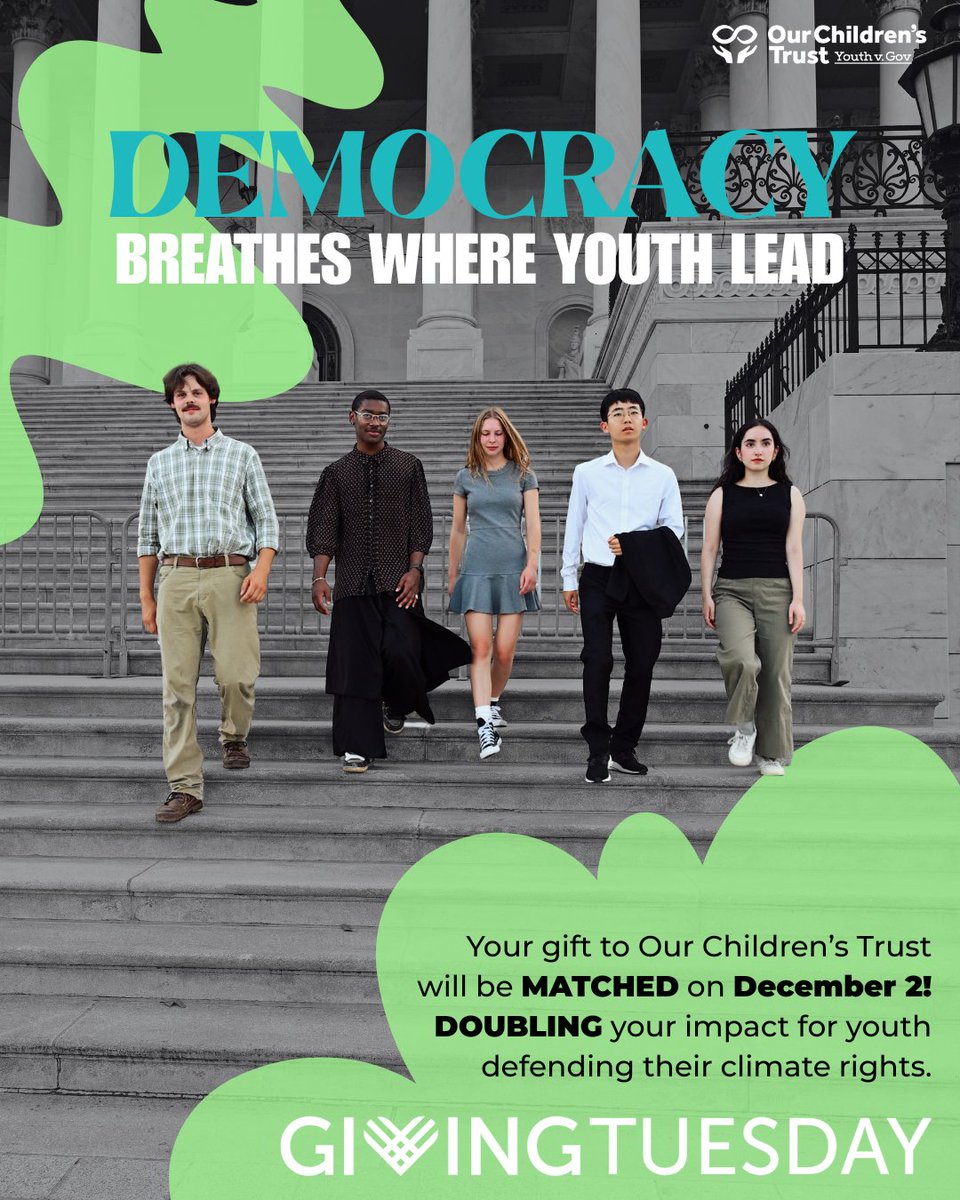 youthvgov's tweet image. This is what democracy looks like! Youth are standing up in courtrooms across the country, demanding their right to life, a livable climate, and democracy. This @GivingTuesday, support our work and help fund their fight for a safe climate. Give: ourchildrenstrust.org/donate