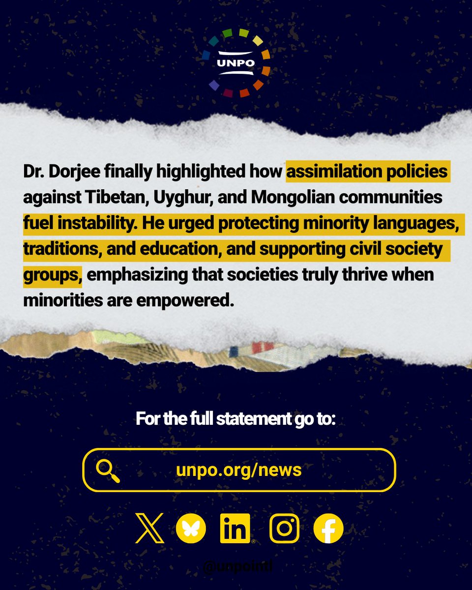 At the 18th Session of the UN Forum on Minority Issues, UNPO Advisory Board member Dr. Tenzin Dorjee delivered a powerful intervention on the “superpower” of minority perspectives in shaping stronger, more resilient societies.
Read the full statement here: unpo.org/un-forum-panel…
