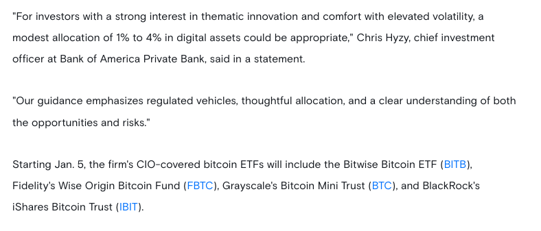 HHorsley's tweet image. Huge news:

Bank of America Private Bank &amp;amp; Wealth Management, one of the largest in the country (&amp;gt;$2 trillion), announced it will allow advisors to allocate 1-4% to Bitcoin starting in January.

Grateful $BITB is included in the options they&apos;ve selected.

Crypto is going…