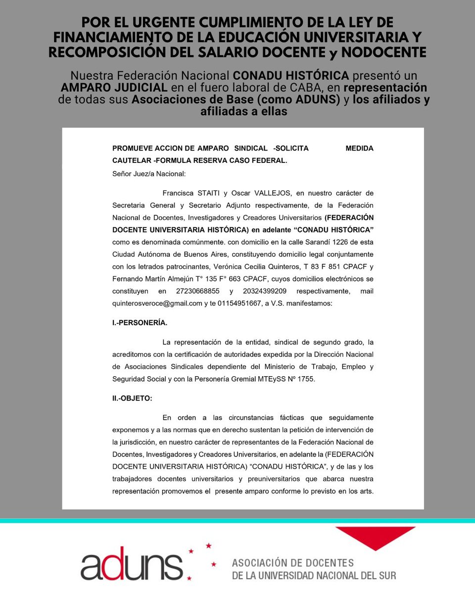 Nuestra Federación Nacional CONADU HISTÓRICA presentó un AMPARO JUDICIAL en el fuero laboral de CABA, en representación de todas sus Asociaciones de Base (como ADUNS) y los afiliados y afiliadas a ella

Lo hizo para exigirle al Poder Ejecutivo Nacional se abstenga de aplicar o
