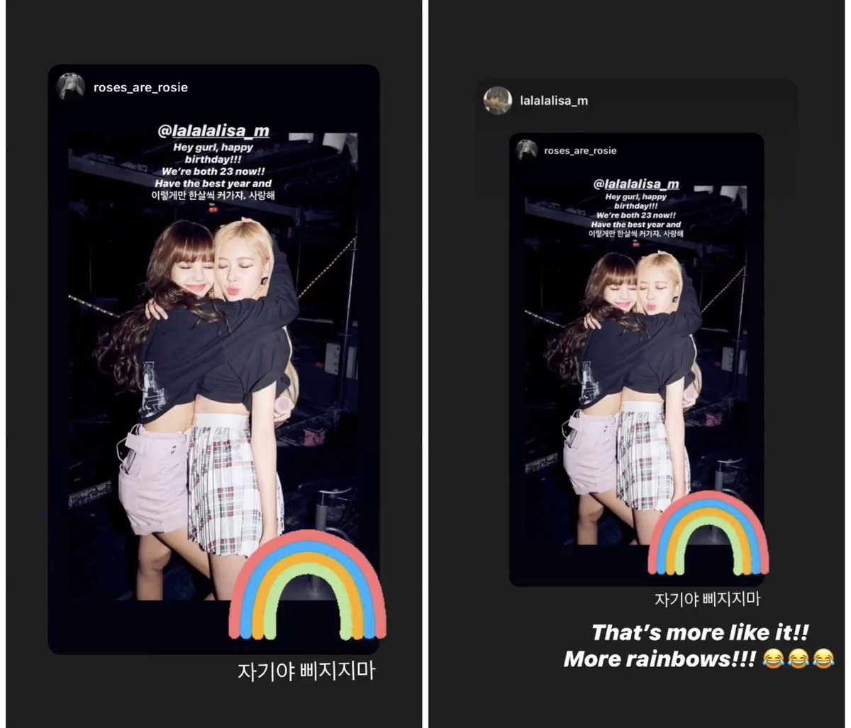 clssource's tweet photo. do you all remember when rosie was “mad” at Lisa case she just reposted her b-day greeting without anything and then Lisa she deleted and reposted again with the caption “baby, don’t be upset” and a rainbow sticker 😭 and rosie answered with “That's more like it!! More rainbows!!! 😂😂😂”

minutes after those interactions all the respost/reply’s were deleted again and we only had the rosie b-day wish story 😭

#neverforget #rosé #lisa #로제 #리사