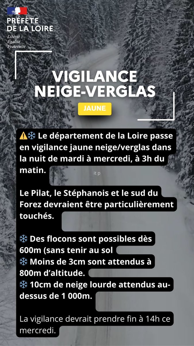 Prefecture42's tweet image. #AlerteMétéo
🟡 Le @Dep_Loire42 passe en vigilance jaune neige/veglas, la nuit prochaine (à partir de 3h du matin). Le #Pilat, le #Stéphanois et le sud du #Forez sont concernés.

❄️ Moins de 3cm attendus à 800m d'altitude ;
❄️ 10cm de neige lourde attendus à partir de 1 000m.