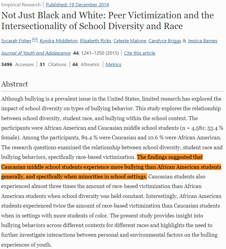 johnthenoticer's tweet image. A 2015 study looked at bullying in the United States:

&quot;The findings suggested that Caucasian middle school students experience more bullying than African American students generally, and specifically when minorities in school settings.&quot;
