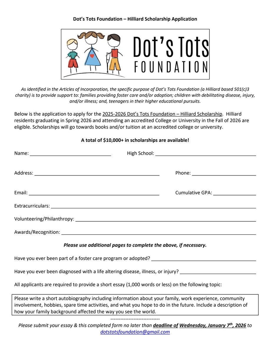 Hilliard seniors! Dot’s Tots Foundation is offering $10,000 in scholarships for Spring 2026 grads attending college in Fall 2026. Deadline: Jan 7, 2026. Apply via email: dotstotsfoundation@gmail.com. Awards Night: Jan 25 @ 5:30pm (Dave &amp; Buster’s). More: dotstots.org.