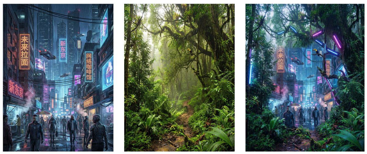 이미지의 경우, 다중 이미지 융합 및 편집, 텍스트 레이아웃 및 인포그래픽, 실제 사람 간의 옷 교환, 인물 사진 스타일 변환 등을 테스트했습니다.
I. 다중 이미지 융합 👇
고요한 숲과 사이버펑크 도시를