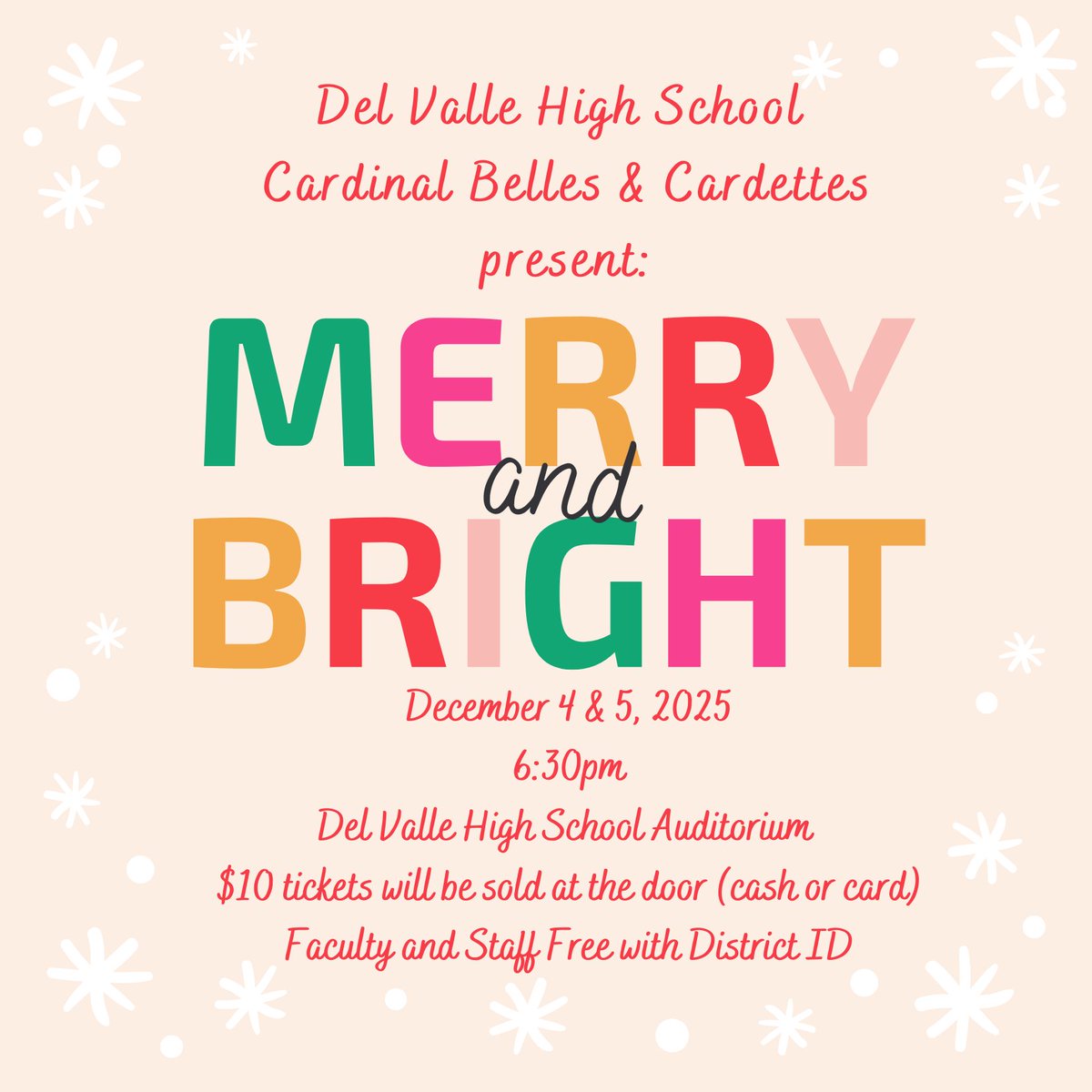 DVISD_DVHS's tweet photo. 🎄✨ DVHS Cardinal Belles &amp; Cardettes present Merry and Bright! ✨🎄
Join us for a festive night of talent and holiday spirit.
📅 Dec 4 &amp; 5, 2025
⏰ 6:30 PM
📍 DVHS Auditorium
💲$10 at the door (cash or card)

Don’t miss this cheerful holiday showcase! ❤️💚 https://t.co/PoxGtW8BwQ