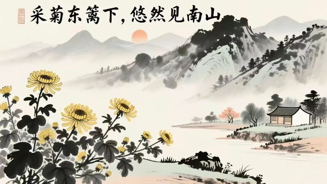 II. 텍스트 레이아웃
"동쪽 울타리에서 국화를 따며, 여유롭게 남쪽 산을 바라보네"라는 시에 대한 그림을 그려주세요.
Qwen-Image-Edit은 중국어 문자를 생성하는 기능은 있지만, 솔직히 말해서 아직