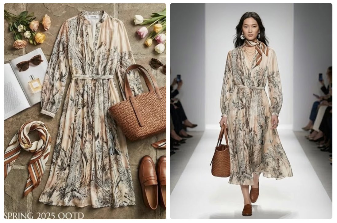 III. 실제 인물의 의상 변경
우아한 포즈, 사실적인 조명, 사진적 사실주의로 이 평범한 계절 드레스를 런웨이에 선 아시아 여성으로 바꿔보세요.
(8/9)