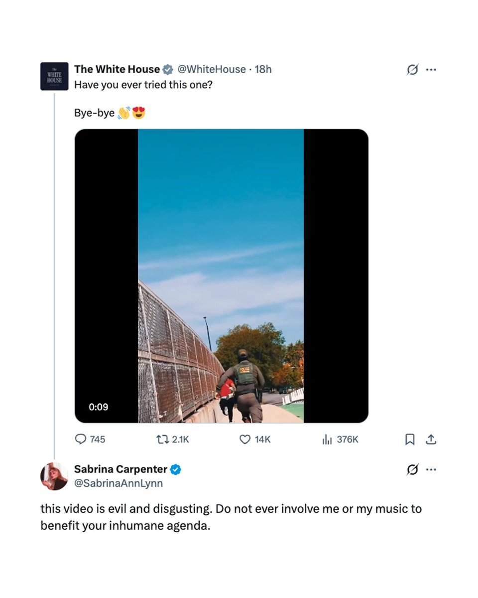 factpostnews's tweet image. Sabrina Carpenter speaks out against the White House using her song in a pro-ICE video:

&quot;this video is evil and disgusting. Do not ever involve me or my music to benefit your inhumane agenda.”