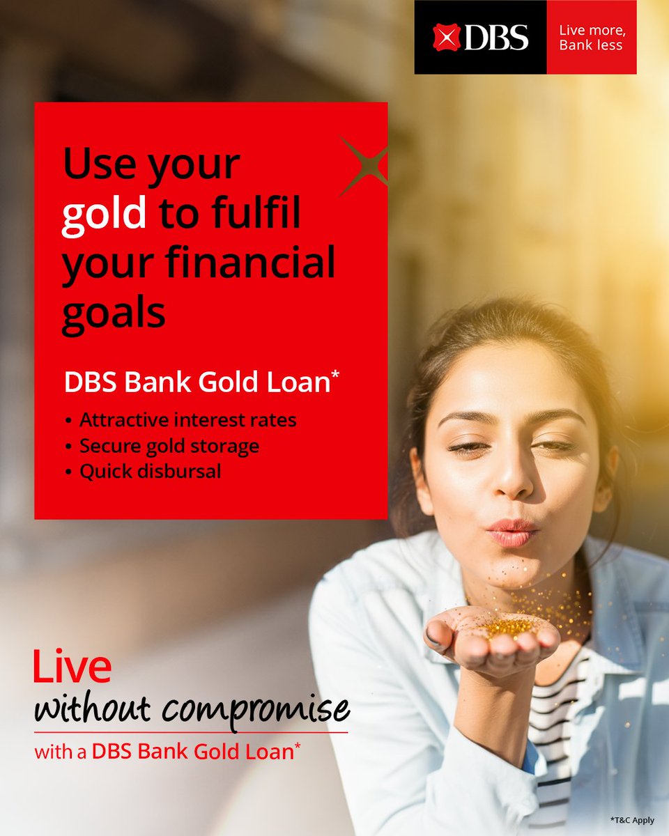 DBSBankIndia's tweet image. Your gold can help you do more!

With a DBS Bank Gold Loan*, you can get quick access to funds at attractive interest rates. 

Learn more: go.dbs.com/3M68ciP

*All loans are at sole discretion of DBS Bank India Ltd (DBS Bank). T&amp;amp;C Apply.

#DBSBankIndia #LiveMoreBankLess