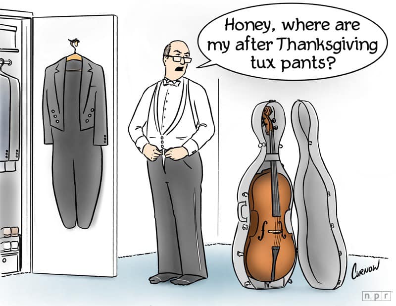 Our guess is we're not the only ones who overindulged during the holiday! This cellist wisely planned ahead!