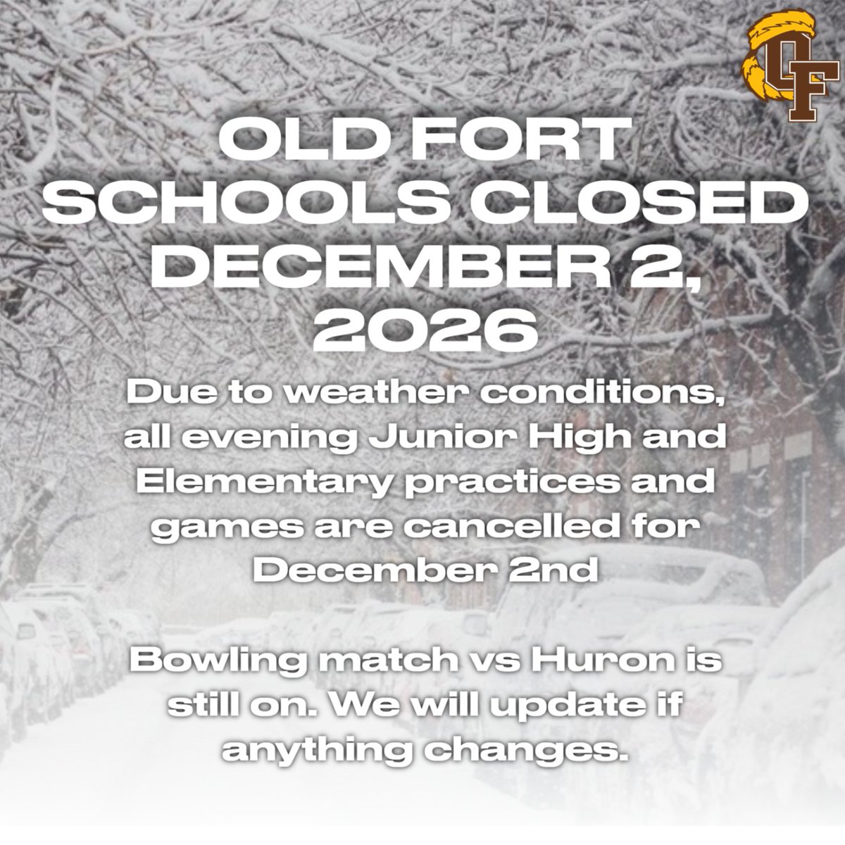 We are canceling all Junior High and Elementary practices for today 12/2. 

Bowling match v Huron is still on. Please check back for any updates.

Stay safe!
