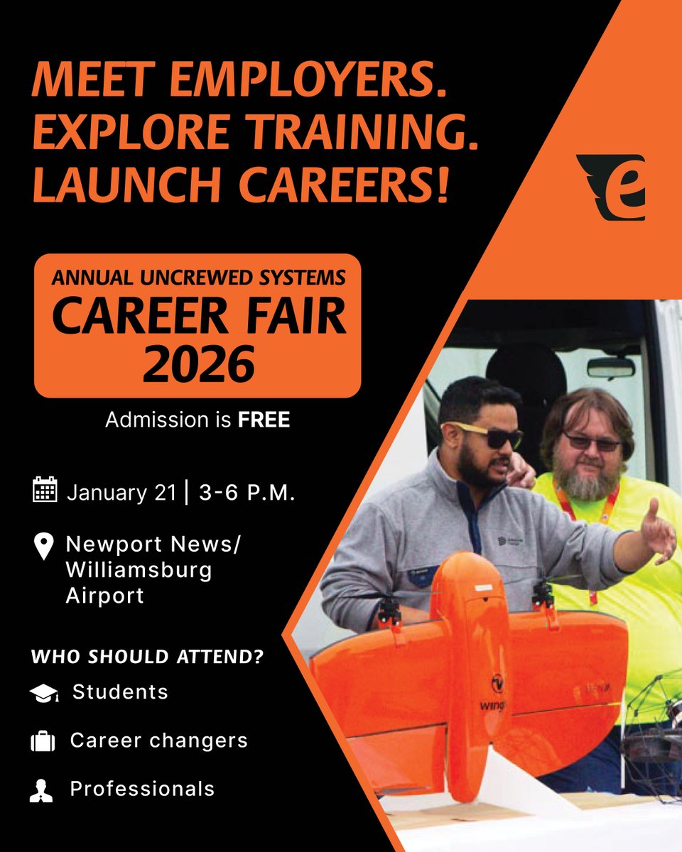 🚀 Join eAviation Drone Academy’s Career Fair 2026! Explore drone careers on Jan 21, 3–6 P.M. at Newport News/Williamsburg Airport. FREE admission! RSVP: ow.ly/vq1P50XAKAA #AUVSIHR #eAviation #DroneCareers #CareerFair2026 #STEMJobs #UncrewedSystems #HamptonRoadsEvents