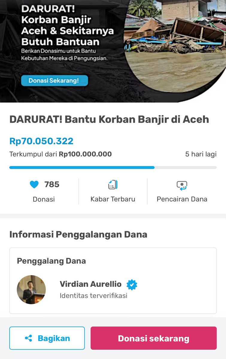 Update 5 jam pertama. Gue tidak akan pernah percaya kalau dibilang orang Indonesia itu bejat. Mungkin itu oknum pejabat dan aparatnya, bukan kita! Kita raise lagi sampe 100 juta ya teman teman. 

Aceh terdampak paling parah dan butuh bantuan segera! Terimakasih semuanya! Warga