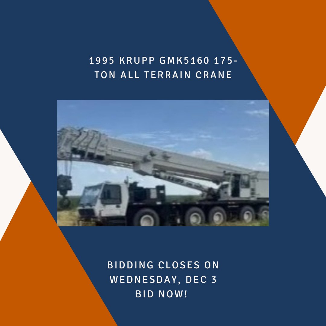 🚨 Closing Tomorrow! 🚨
Bidding is live now on a 1995 Krupp GMK5160 175-Ton All Terrain Crane — surplus from an Oilfield Services Company and located in Falcon, TX.

⏳ Auction Closes: Wednesday, Dec 3
📍 Falcon, TX

Bid Now! hubs.la/Q03WrWGl0