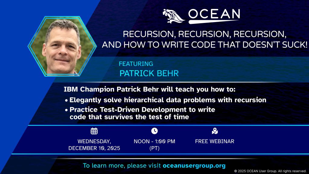 OCEANUserGroup's tweet image. Join us on December 10th for 2 intensive sessions by #IBMChampion @P_Behr on essential skills that every #IBMi developer needs! Register here for this free webinar: tinyurl.com/OCEAN2512
Details: oceanusergroup.org  #Recursion #Coding @Wright4i