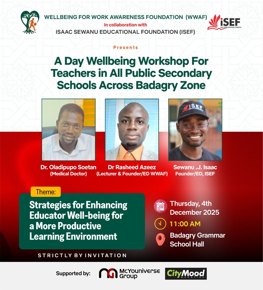 isef2020's tweet photo. This Thursday, ISEF will be partnering with the WWAF to train public secondary teachers across Badagry Zone on practical strategies for improving their well-being and enhancing productivity in the classroom.

@Tescom_Lagos
@hc_education 
@Oreoluwa_Finnih
@Mr_JAGs https://t.co/RtqGokUJo0