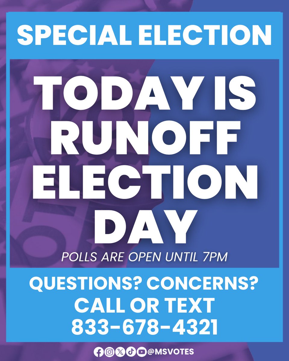Today is Runoff Election Day! Your voice is powerful, so make it count!
Polls are open until 7 PM.
Have questions, need to report an issue, or just want to double-check your polling place?
Call or text our Election Day Hotline: 833-678-4321.

#Up2Us #MSVotes