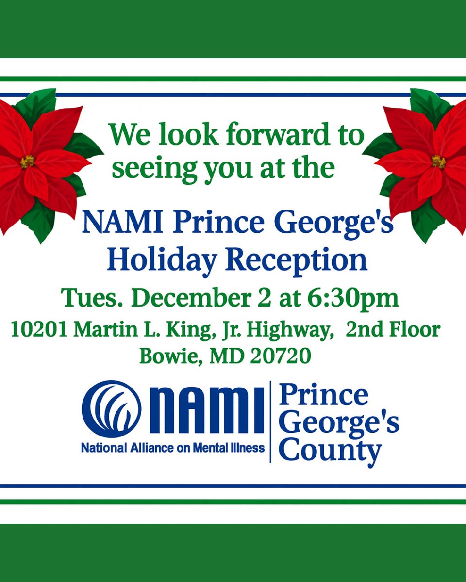 NAMI_PGC's tweet photo. Tonightโs the night! ๐ Join us for the NAMI Prince Georgeโs Holiday Reception to celebrate community & mental health.
๐๏ธ Tonight (Dec 2), 6:30pm
๐ 10201 Martin L. King Jr. Hwy, 2nd Fl, Bowie, MD
#GivingTuesday #NAMIPGC #MentalHealth https://t.co/2FiKQJBUJl