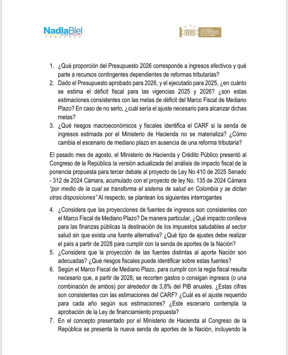 nadiablel's tweet photo. Más razones que reafirman nuestra postura.
Hoy el Comité de la Regla Fiscal desmiente al Gobierno y advierte que, si se aprueba la #ReformaALaSalud, el país tendría un déficit de $126 billones en la próxima década.

El 17 de octubre le solicité a este Comité un concepto técnico sobre el presupuesto 2026 y su relación con la reforma. La respuesta que entregan hoy es clara y contundente.

Este análisis confirma que nuestra oposición a la reforma del Gobierno Petro no es un capricho, como han dicho algunos ministros. Es una posición técnica, seria y responsable.

Seguiremos trabajando por mejorar el sistema de salud, pero sin ceder a presiones ni tomar decisiones que pongan en riesgo la vida y el bienestar de los colombianos.