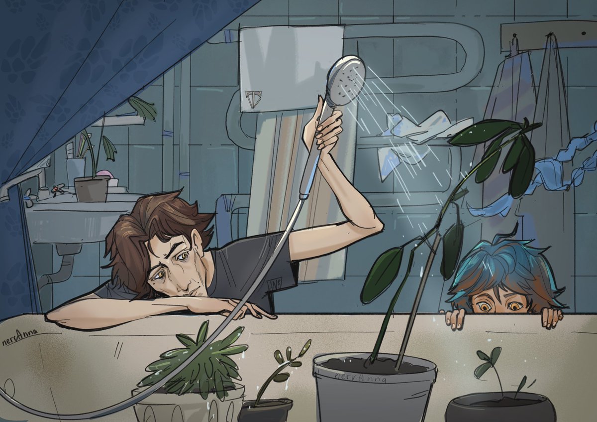 Flower shower!
Viktor would probably love to care for flowers… Sky left him some of hers, so now he has to care for a bunch of green buddies. Hopefully, Jayce won’t mess them up…

#Arcane_shared_apartment_AU
#arcane #arcanefanart #ishaarcane #viktorarcane