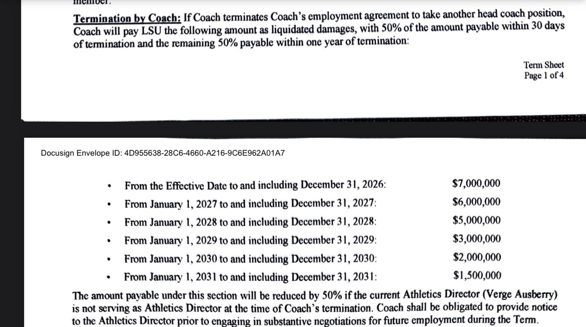 achristovichh's tweet image. Something interesting from Lane Kiffin’s term sheet: He will owe no more than $7M to the school if he chooses to leave for another head coaching position, and only half of the stated numbers of Verge Ausberry is no longer AD.