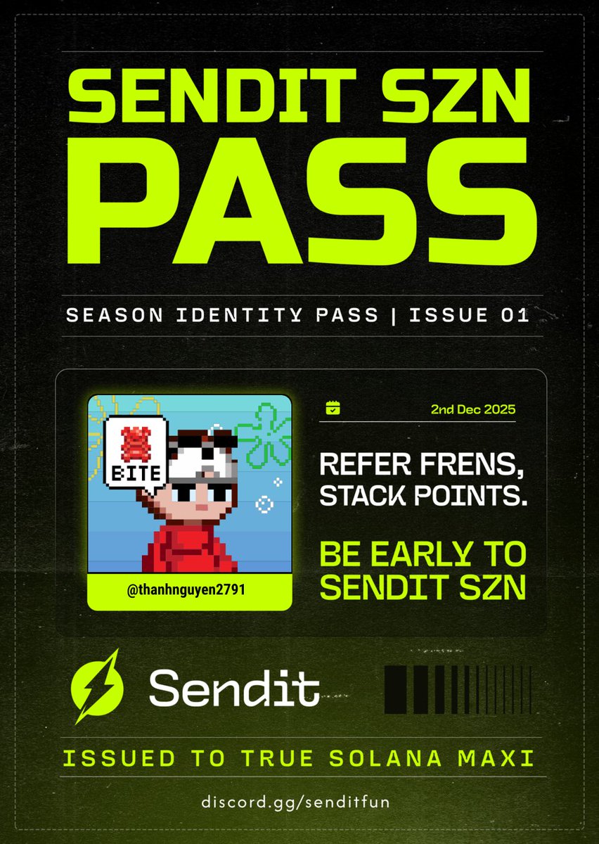 I have claimed my SendIt SZN Pass on <a href="/senditfun/">Sendit⚡</a>

Role unlocked: EARLY SENDOOOR

Access granted to SZN Points, referral tracking, and bonus tasks.
→discord.gg/HTtCudgv