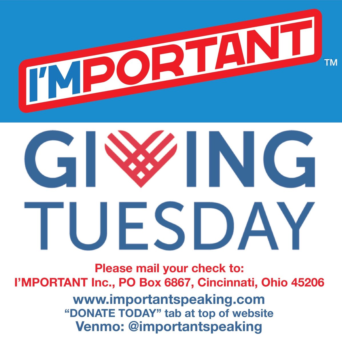 Don’t let anything dull a student’s shine.
Help them feel I’Mportant this #GivingTuesday.

Our assemblies spark hope.
Our small groups create lasting change. 💛

Support the mission: importantspeaking.com
Venmo: @importantspeaking
##IMportantSpeakingSeries