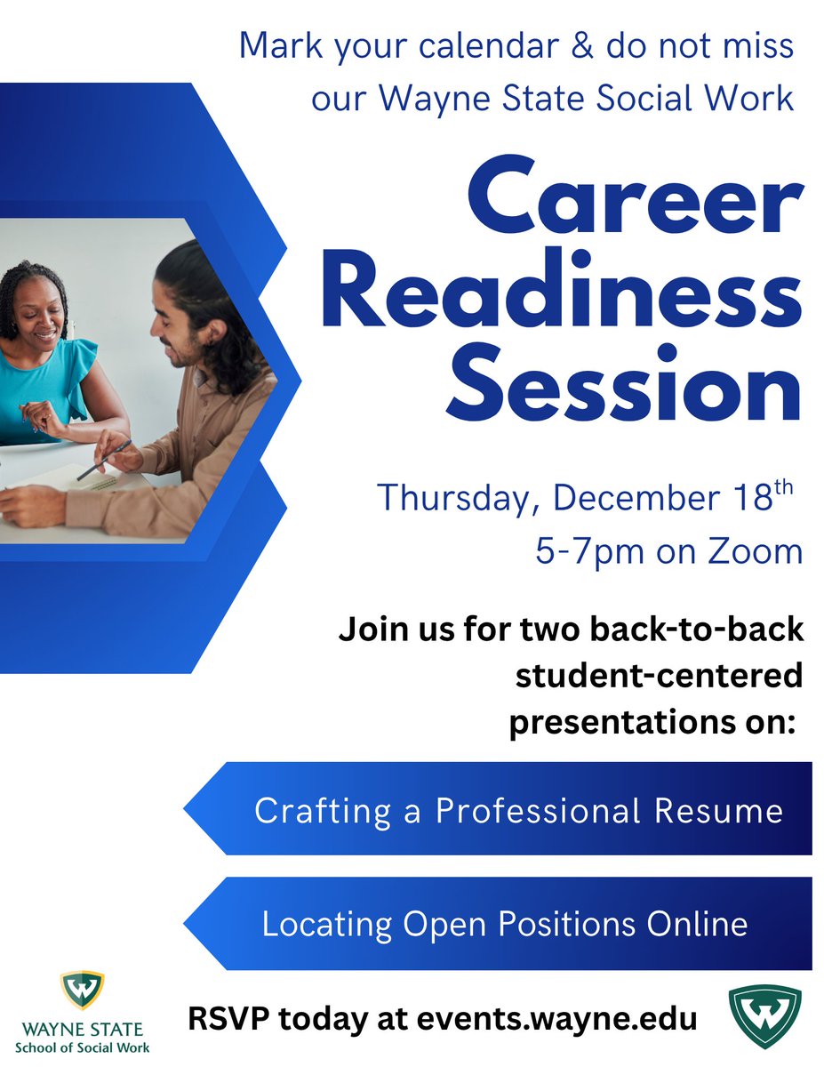 Are you graduating soon? Then don't miss our Career Readiness virtual event! Join us Dec. 18 from 5-7 p.m. These sessions will help the social workers of tomorrow with resume writing &amp; job hunting. This event is free to all Social Work students. Register! bit.ly/48MYb2X