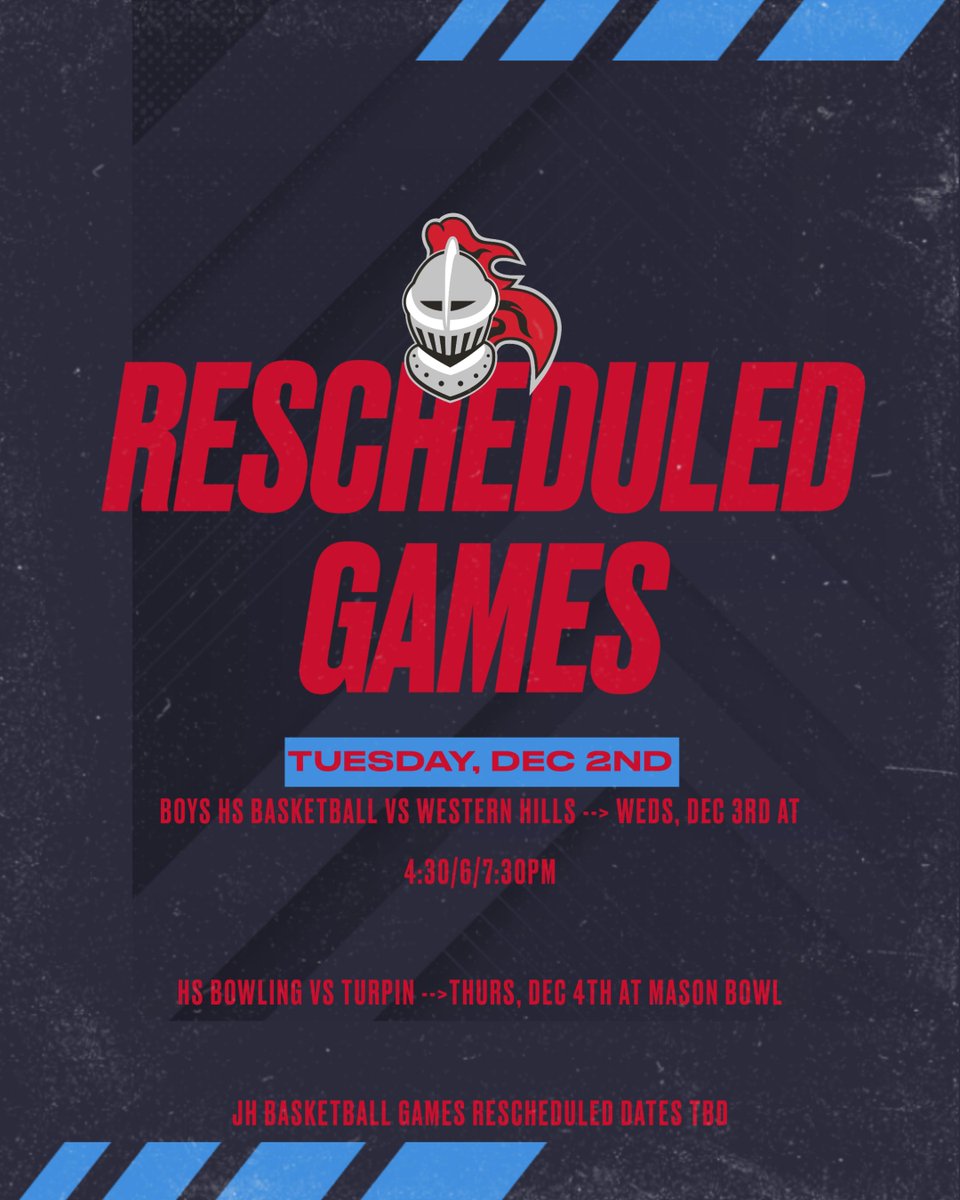 Due to weather the games for tonight at Kings have been cancelled and rescheduled.  HS Boys Basketball moves to Wednesday.  HS Bowling moves to Thursday.  JH Basketball TBD