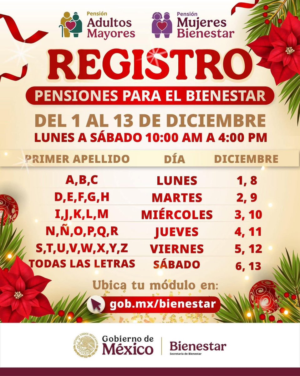 Hoy iniciamos el periodo de incorporación a las Pensiones de Personas Adultas Mayores y Mujeres Bienestar.
Nuestro módulo de registro estará en El Refugio.

Les comparto el calendario oficial para que puedan acudir en la fecha que corresponda a su primer apellido.
Seguimos
