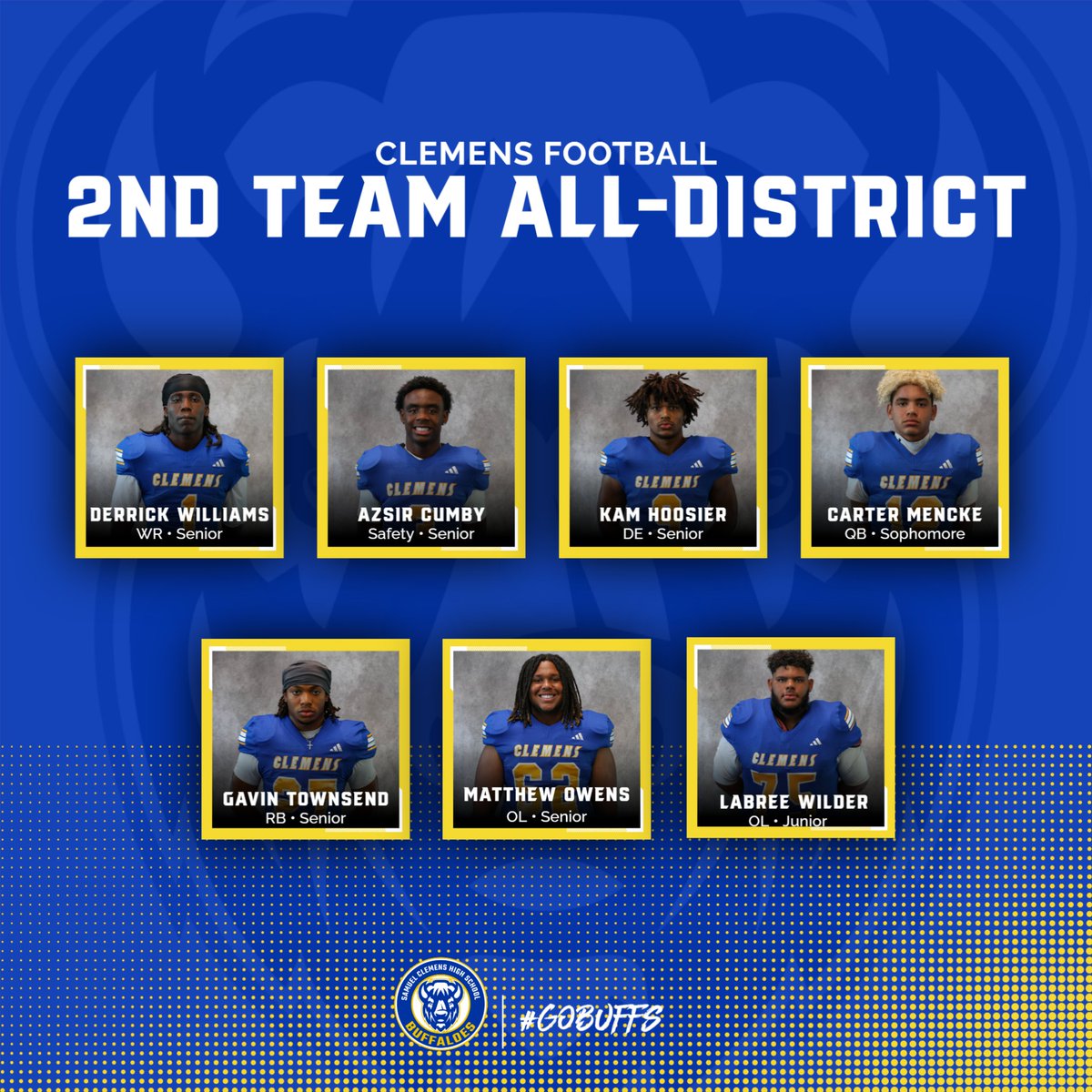ClemensBuffsFB's tweet image. Congrats to our 2nd Team All-District Players!!
#GoBuffs
