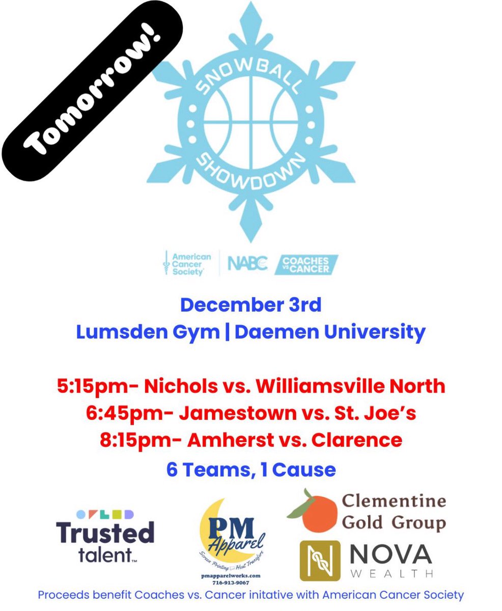 CvCUpstateNY's tweet photo. Great event benefitting @CoachesvsCancer tomorrow at Daemen

@NicholsHoops1 vs @WillNorthHoops 
@StJoesHoops vs @JHSBasketball1 
@AmherstTigers1 vs @ClarAthletics 

$5 donation at the door! See you there!

@centercourt42 @CoachesCorner23 @wnyhoopmania @lebronstein @WNYAthletics https://t.co/GG604z6FfR