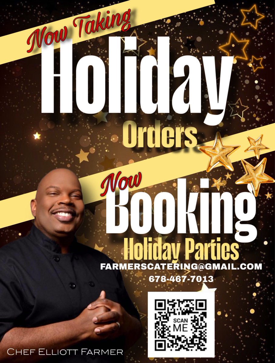 ChefElliott's tweet image. CYBER TUESDAY:

25% OFF all booked Christmas catering orders TODAY ONLY…

Christmas is just around the corner…

Farmer's Gourmet Catering is ready to take your orders until December 10th.  Shipping is available this year.
#FarmersGourmetCatering #chefelliottfarmer #tagafriend